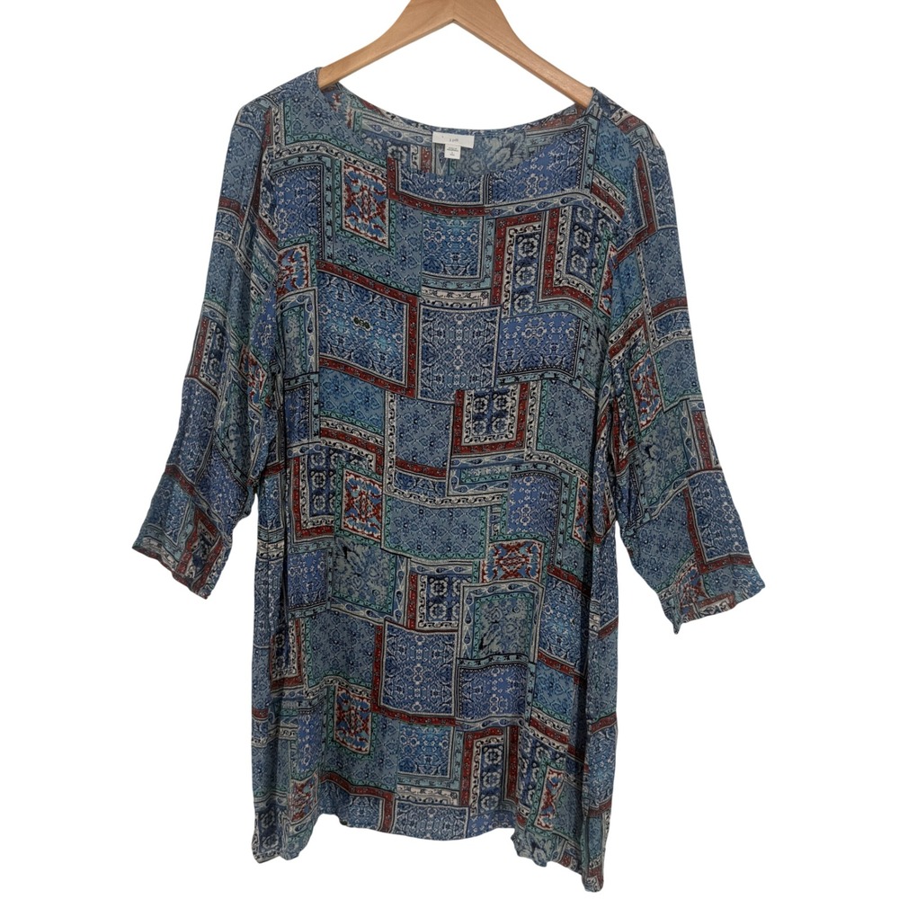 J. Jill Tunic Top Womens L Tall Blue Patchwork Rayon 3/4 Sleeve Boho
